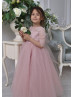 Elbow Sleeve Blush Pink Lace Tulle Flower Girl Dress Elbow Sleeve Blush Pink Lace Tulle Flower Girl Dress